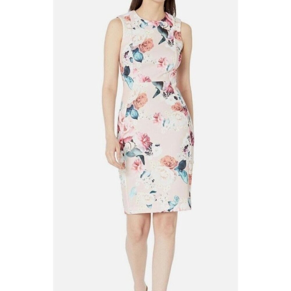 Calvin Klein Sz 2 Dress Pink Floral Sleeveless Sheath Classic Office Party Fall